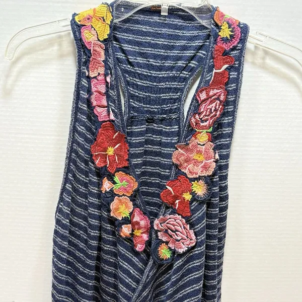 Free People Women’s Floral Embroidered Blue Stripe Frida Tank Top Size Medium - Image 2