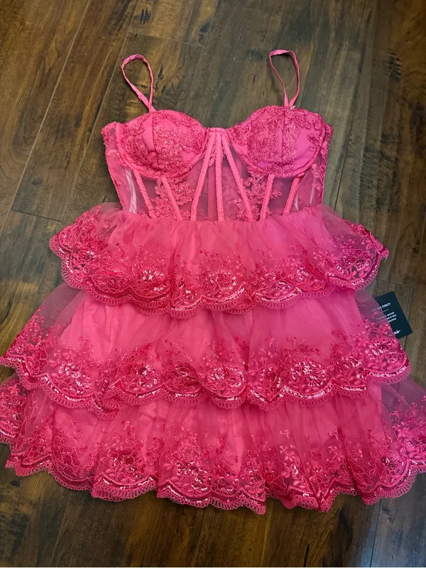 NWT Lulus Exquisite Drama Hot Pink Embroidered Sequin Tiered Mini Dress Size Med - Image 4
