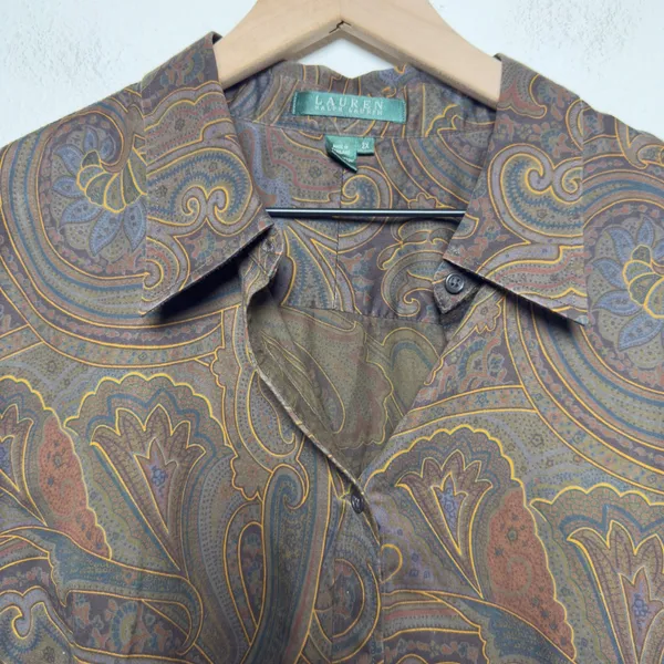 Lauren Ralph Lauren Women 100% Cotton Shirt 2X Brown Paisley Long Sleeve Button - Image 2