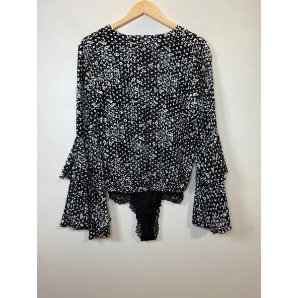 Free People Intimately Bodysuit Womens XS Black Floral Bell Sleeve Lace Boho - Image 3