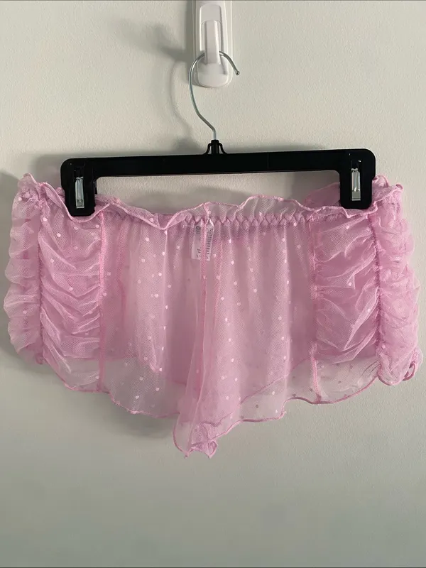 Carrie Amber Sheer Swiss Dot Ruched Bubblegum Pink Cami Shorts Set Size Large - Image 9