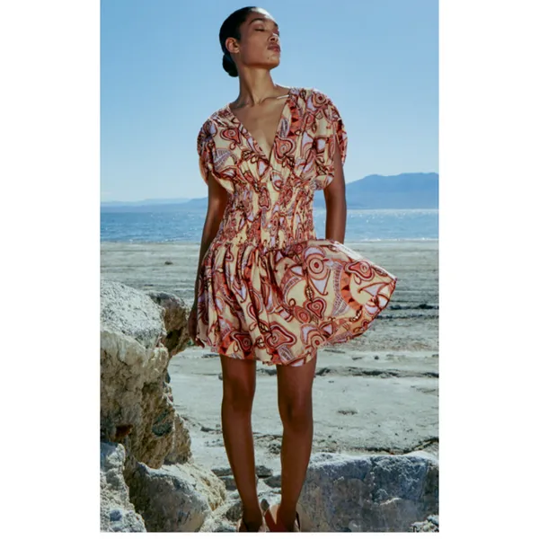 ALC Frank NEW Luna Printed Smocked Mini Dress Deep V-Neck Womens Multicolor Size 2 - Image 2