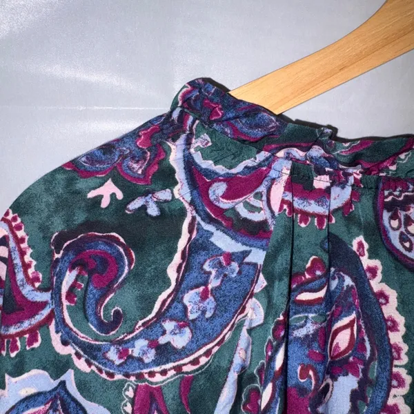 Talbots Womens Large Paisley Ruffle V-Neck Blouse Green Purple Long Sleeve Top - Image 7