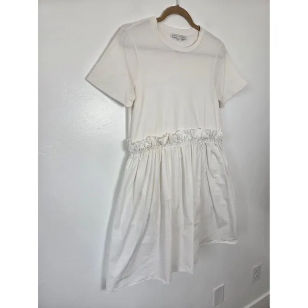 English Factory White Shirt Dress Ruffled Waist Pockets Tea Party Yacht Brunch M - Image 2