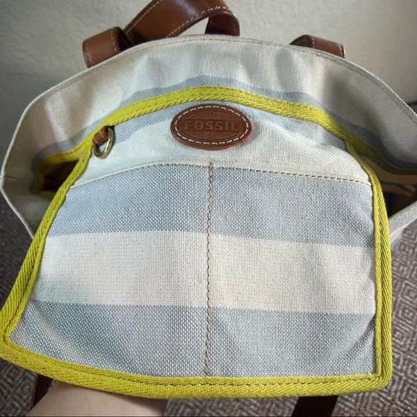 Fossil Rachel Blue Gray /Cream Coated Canvas KEY Leather Shoulder Tote Bag - Image 9