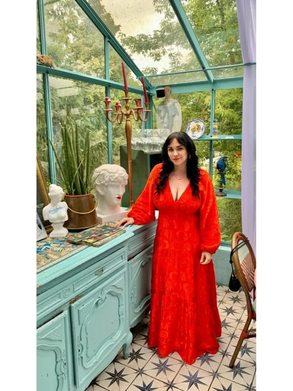 NWT Anthropologie x FARM Rio Red Satin Long-Sleeve V-Neck Jacquard Maxi Dress M - Image 11