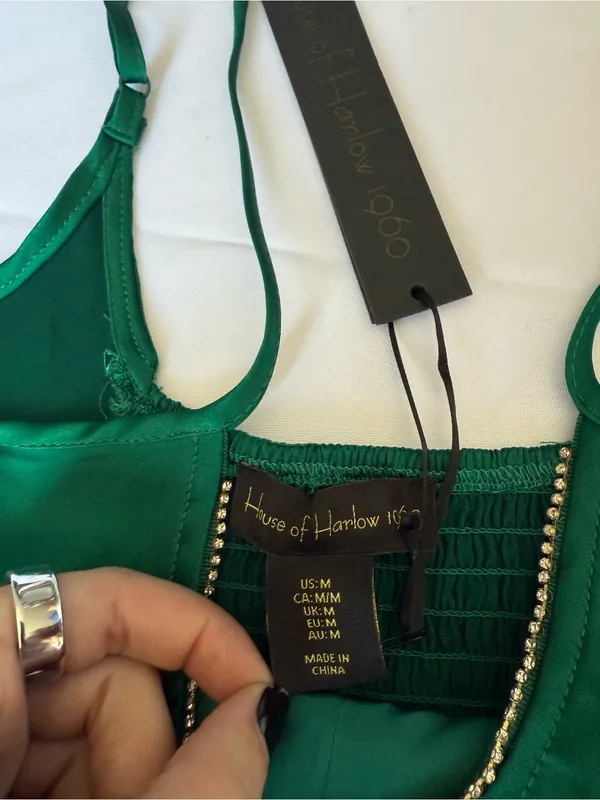 House of Harlow 1960 Emerald Green Satin Rhinestone Trim Crop Top Size Medium - Image 3