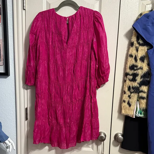 Trina Turk‎ Metallic Pink Shirred Puff Sleeve Mini Tiered Dress Preppy Dopamine - Image 3