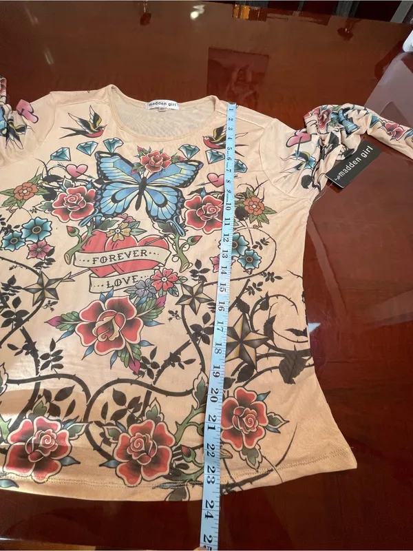 Madden Girl Y2K Tattoo Print Mesh Long Sleeve Top Butterflies Hearts Roses 2XL - Image 9