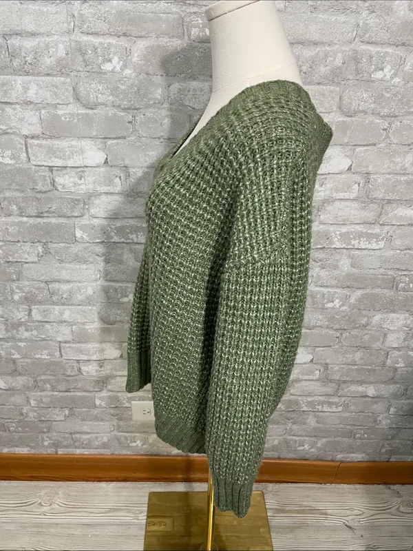American Eagle Outfitters Olive Green V-Neck Waffle Knit Sweater - Image 2