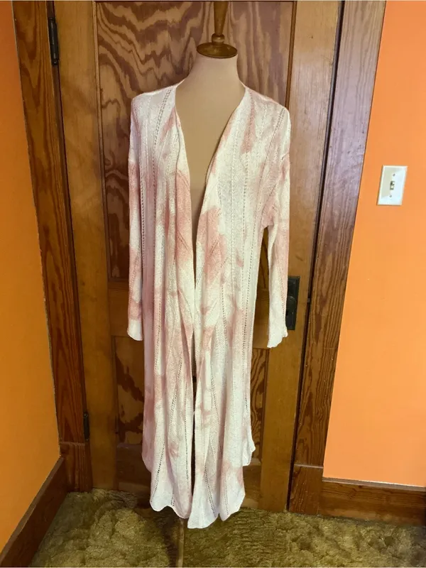 POL Long Open Front Duster Cardigan Large Pink Ivory Tie Dye Pointelle Knit Boho - Image 9