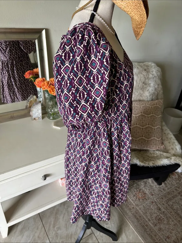 Anthropologie Boho cottage purple corduroy cotton puff sleeve square neck babydoll dress L - Image 10