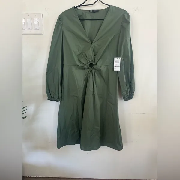 INC International Concepts Olive Green V‑Neck Mini Dress with Ring Detail - Image 2