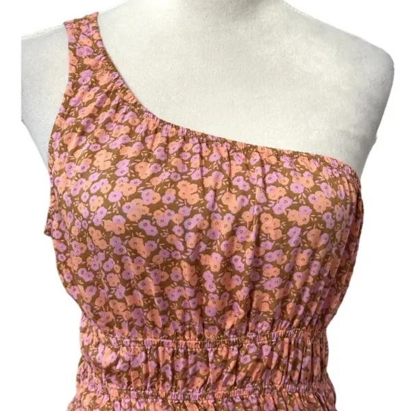 BP Allison One Shoulder Crop Top Floral Pattern Shirred Waist Pink W Small NWOT - Image 3