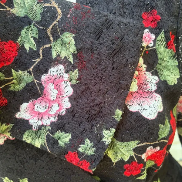 VTG Y2K Fashion Bug Floral Lace Top XL Black‎ Red Bell Sleeve Whimsigoth Vampy - Image 6