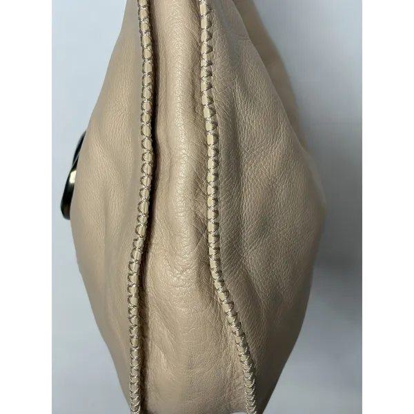 Donald J Pliner Beige Pebbled Leather Whipstitch Hobo Shoulder Bag Brass Ring - Image 9