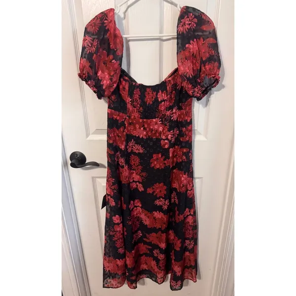 Lulus Truly Charming Floral Midi Dress Small Black Red Puff Sleeve Cutout NWT - Image 8