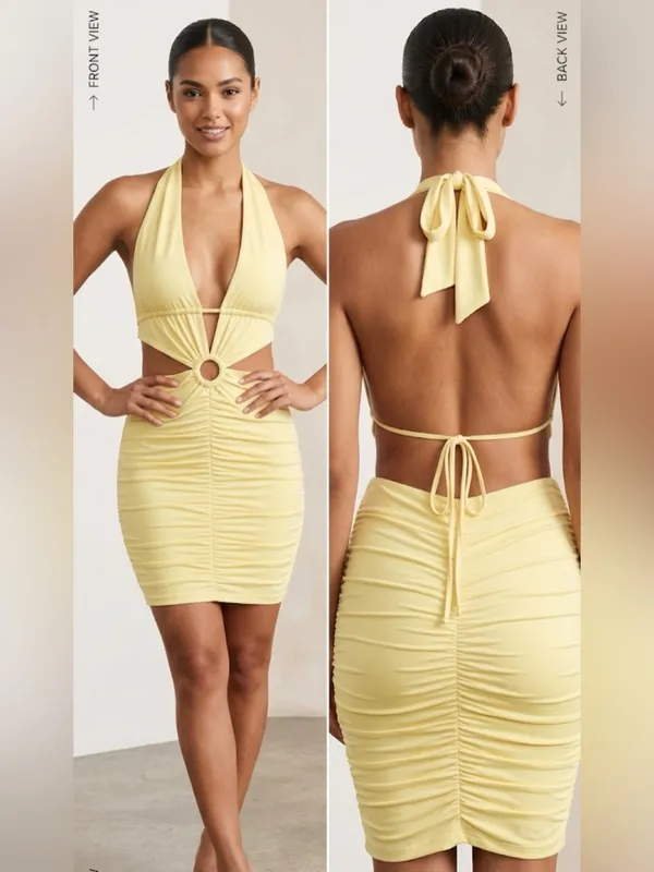 Sunbeam Halter Cutout Ruched Mini Dress Yellow Size M - Image 2