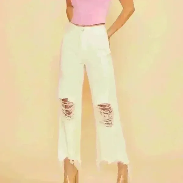Distressed Wide Leg‎ High Rise White Jeans - Image 3