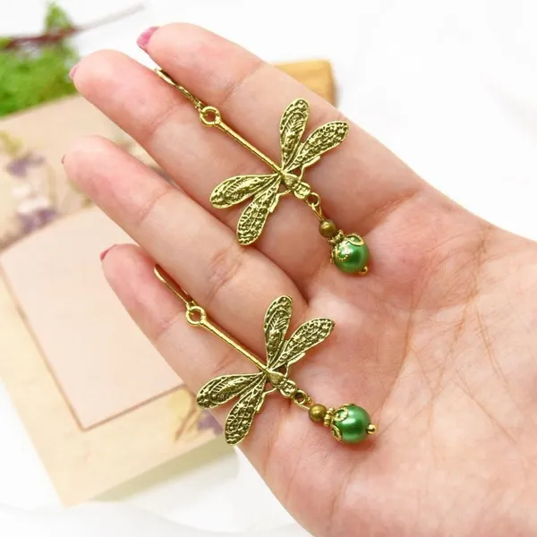 Gold Dragonfly Earrings Green - Image 4
