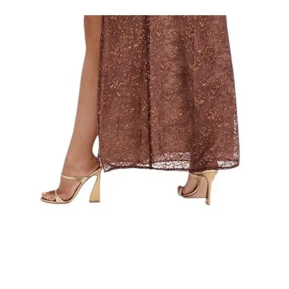 NEW House Of CB Dress Luciana Metallic Brown Long Gown Dress Peppercorn Xs Vneck - Image 4