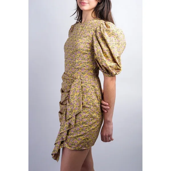 Aureum Ruched Sash Mini Dress Size XS Yellow Floral Cottage Feminine Prairie‎ - Image 10