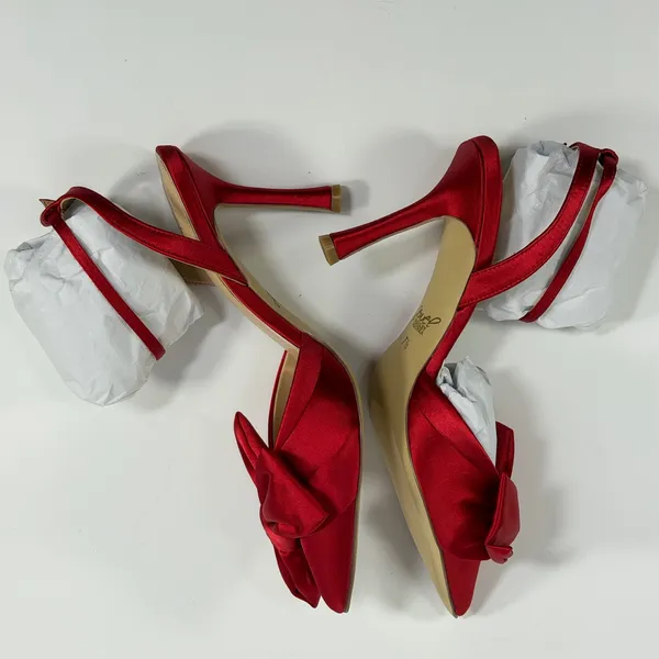 Jewel Badgley Size-7.5 Womens Mischka Francine Red Satin Bow Ankle Strap Pumps - Image 2
