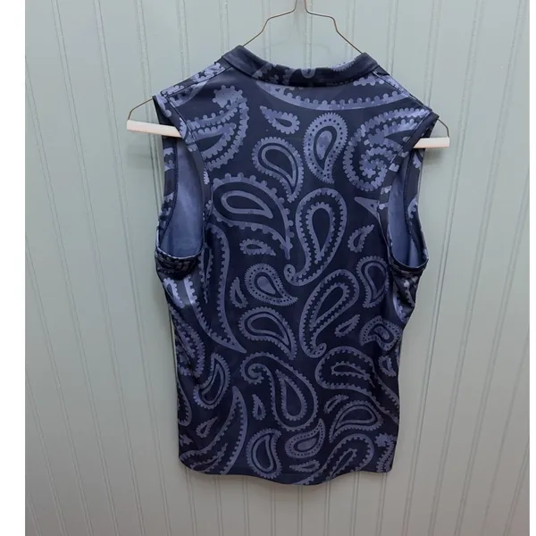 Nike Dri-FIT Women Sleeveless Paisley Polo Shirt Navy Blue Grey Small Split Neck - Image 4