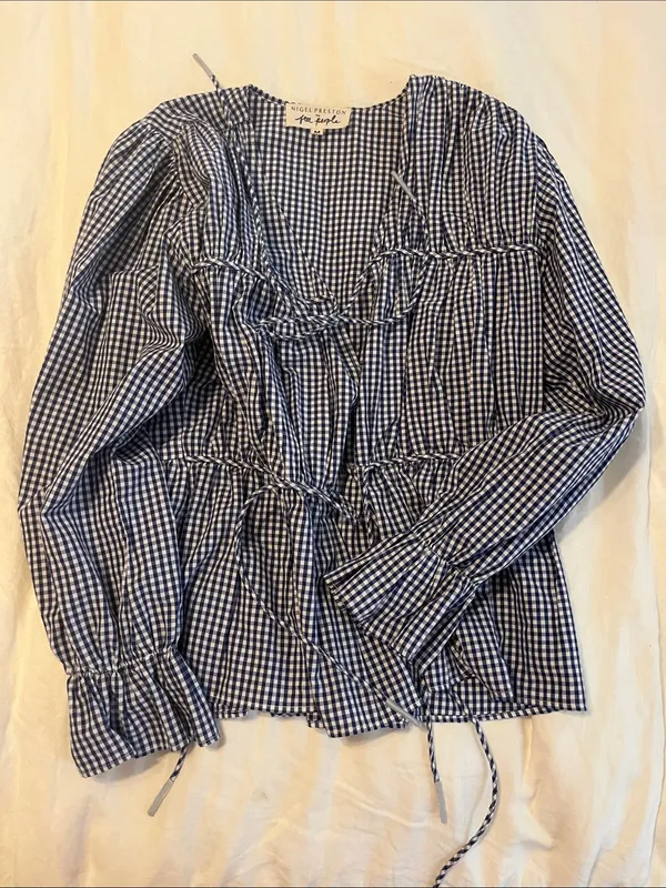 Nigel Preston For Free People Navy Gingham Tie-Front Peasant Blouse - Image 3