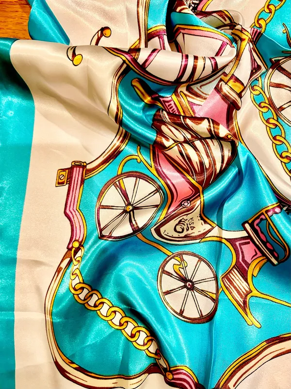 VTG Royal Regal Carriage Print turquoise/PINK oversized square Silky Scarf 35/35 - Image 10