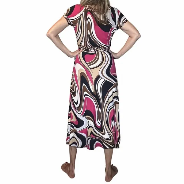 Vintage Psychedelic Vibrant Swirl Wrap Midi Dress Leopard Print Bold Colors - Image 3
