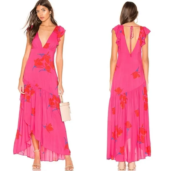 Free People Tropical Hawaiian Hibiscus Hot Pink Floral Maxi Dress Size 8 Summer - Image 4