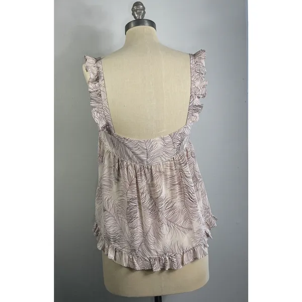 Joie Women M Silk Baby Doll Tank Top Pink Feather Print Cami 1/4 Buttons Ruffles - Image 3