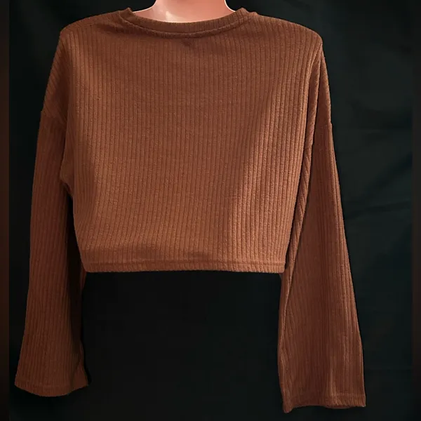 SHEIN Brown Ribbed Long Sleeve Crop Top SZ Small - Image 2
