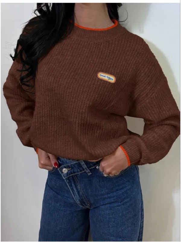 NEW Crew Neck Long Sleeve Knit Contrast Piping Strip Pullover Sweater M - Image 5