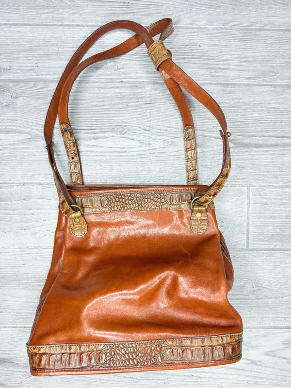 Vintage Brahmin brown leather tooled shoulder bag purse 10 “ alligator print - Image 12