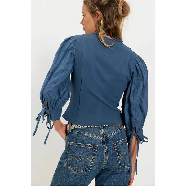 Free People Dainty Ethereal Cottage Victorian Lace Blouse Dusty Blue Large NWT - Image 2