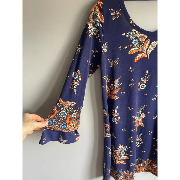 Angie Navy Blue Floral Bell Sleeve Tunic Dress Small Boho Ruffle Scoop Back - Image 2