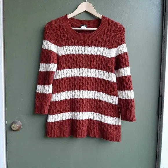 J.Crew 100% Merino Wool Chunky Cable Knit Sweater Small Brown Striped Preppy - Image 11
