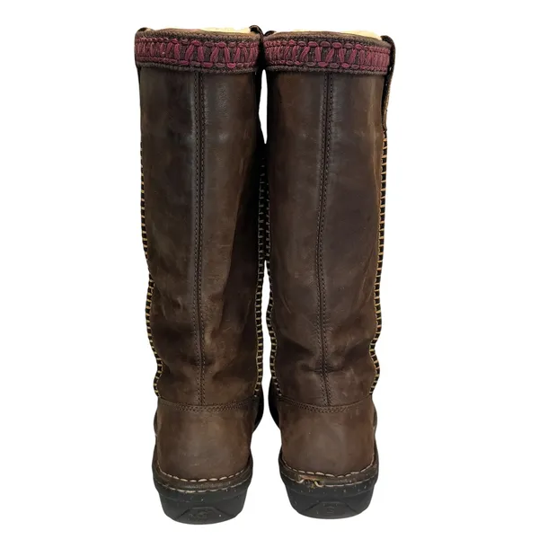 UGG Brown Leather Tall Shearling Boots Women's 8 Stitch Detail‎ Cozy Winter - Image 13