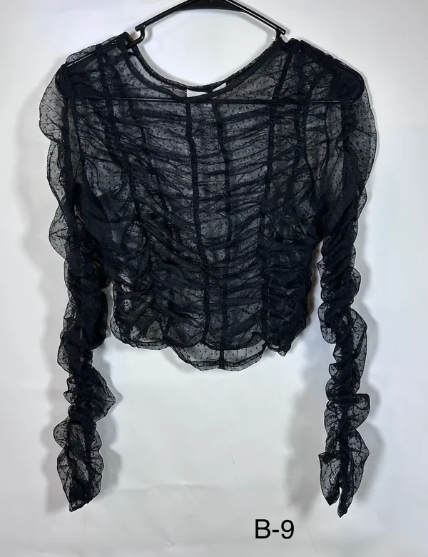 June & Hudson Black Sheer Dotted Mesh Ruched Ruffle Top Size 1 - Image 2