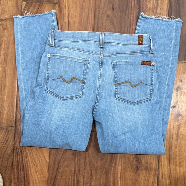 7 For All Mankind Light Blue Frayed Hem Ankle Jeans - Image 3