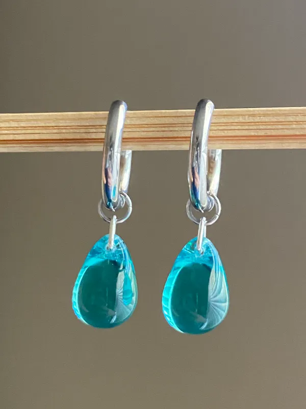 Handmade aqua teardrop Czech glass simple minimalist hoop earrings💙 - Image 4
