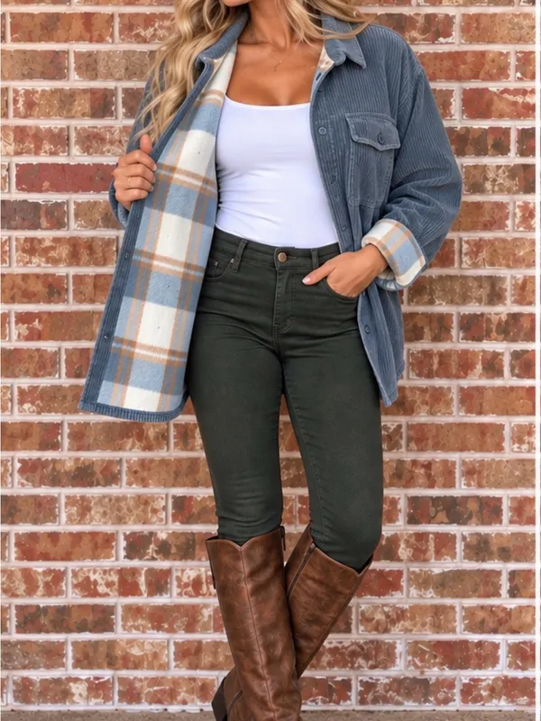 Love Tree Reversible Slate Blue Corduroy Plaid Fleece Shacket Jacket Women’s XL - Image 5