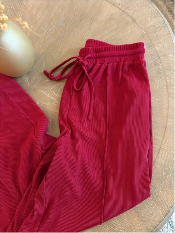 Women's Unbranded Red Ribbed Wide Leg Pants M - Image 3