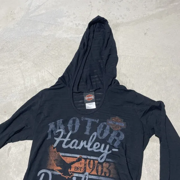 Harley Davidson Black Long Sleeve Top w/ Hoodie Pelham AL SZ L Motorcycle - Image 2