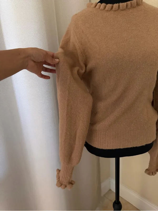DOEN Alpaca Wool Blend Ruffle Trim Sweater Camel Puff Sleeve Knit Small - Image 5