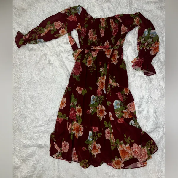 Baltic Born Maroon Floral Long Sleeve Dress with Synching and Mesh Sleeves 3XL - Image 4