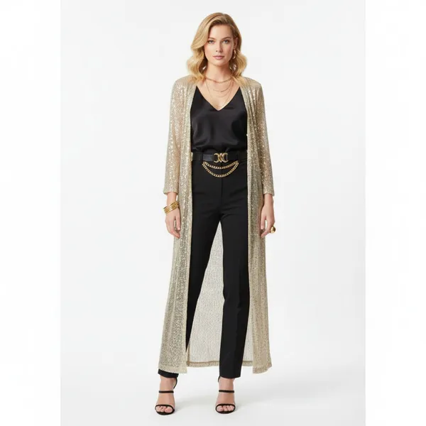 Caramela Tan & Gold Metal Embellished Open Front Sheer Duster Sweater L - Image 7