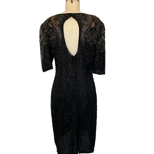 Vintage Black & Gold Silk Beadwork Cocktail Dress Open Back 80s Evening Party - Image 4